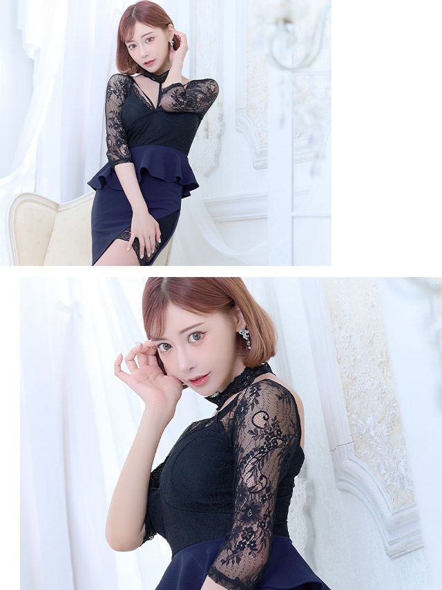 キャバドレス ミニドレス タイトドレス ペプラムドレス 大きいサイズ Tika ティカ チョーカーネックフラワーレース切り替えペプラムタイトミニドレス