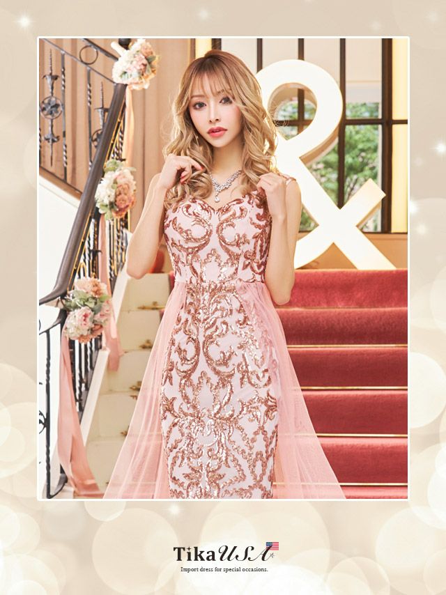 ロングドレス キャバドレス インポート マキシ丈 マーメイドドレス バースデー Tika ティカ スパンコール刺繍チュールレースデザインマーメイドエレガントロングドレス