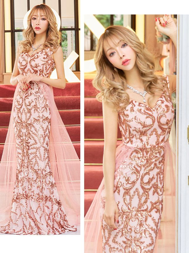 ロングドレス キャバドレス インポート マキシ丈 マーメイドドレス バースデー Tika ティカ スパンコール刺繍チュールレースデザインマーメイドエレガントロングドレス