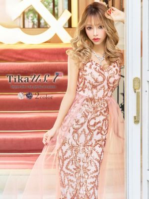 ロングドレス キャバドレス インポート マキシ丈 マーメイドドレス バースデー Tika ティカ スパンコール刺繍チュールレースデザインマーメイドエレガントロングドレス