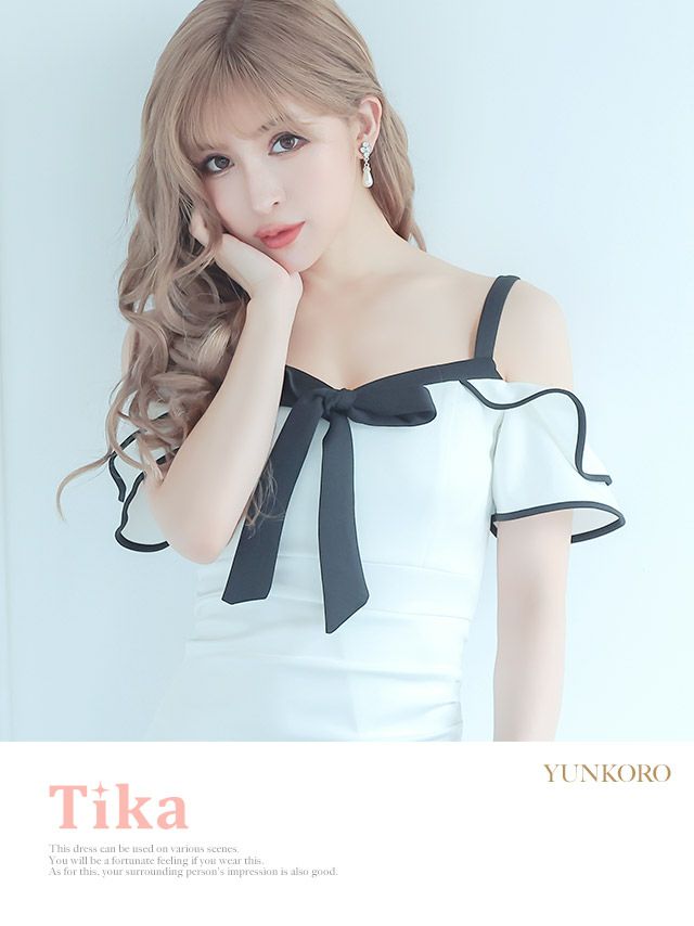 キャバドレス ミディアムドレス タイトドレス 大きいサイズ セクシー Tika ティカ パイピングオープンショルダーリボンレーススリットミディアムドレス