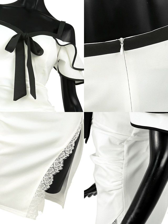 キャバドレス ミディアムドレス タイトドレス 大きいサイズ セクシー Tika ティカ パイピングオープンショルダーリボンレーススリットミディアムドレス