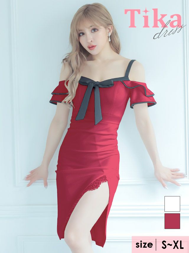 キャバドレス ミディアムドレス タイトドレス 大きいサイズ セクシー Tika ティカ パイピングオープンショルダーリボンレーススリットミディアムドレス