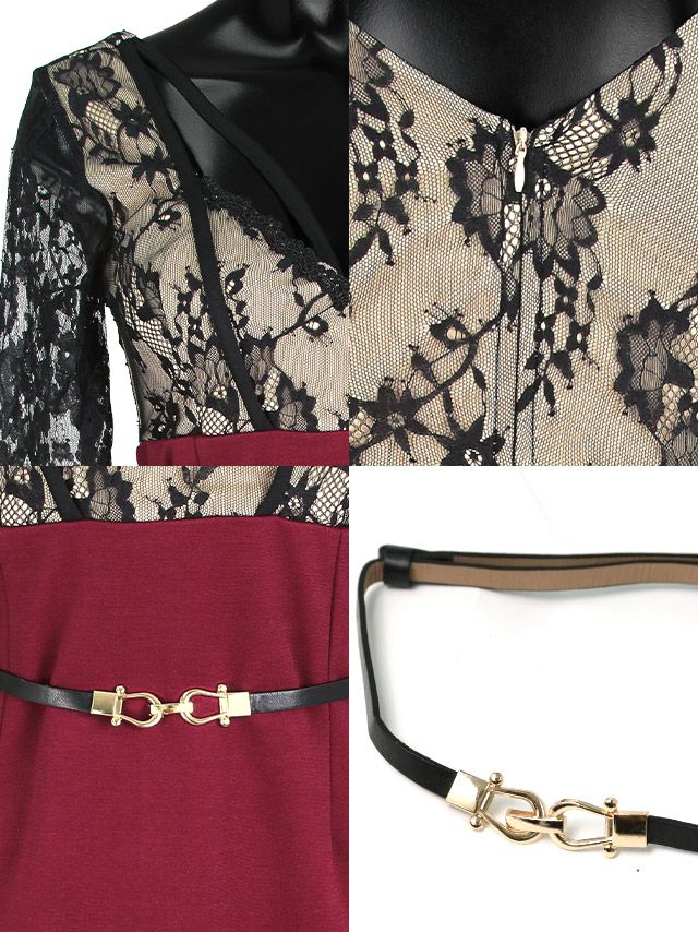 キャバドレス ミニドレス タイトドレス 大きいサイズ セクシー 袖あり Tika ティカ ベルト付きストラップデザインフラワーヌーディーレース切り替えタイトミニドレス