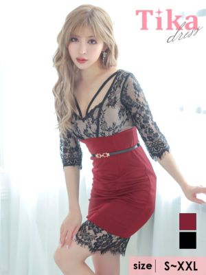 キャバドレス ミニドレス タイトドレス 大きいサイズ セクシー 袖あり Tika ティカ ベルト付きストラップデザインフラワーヌーディーレース切り替えタイトミニドレス