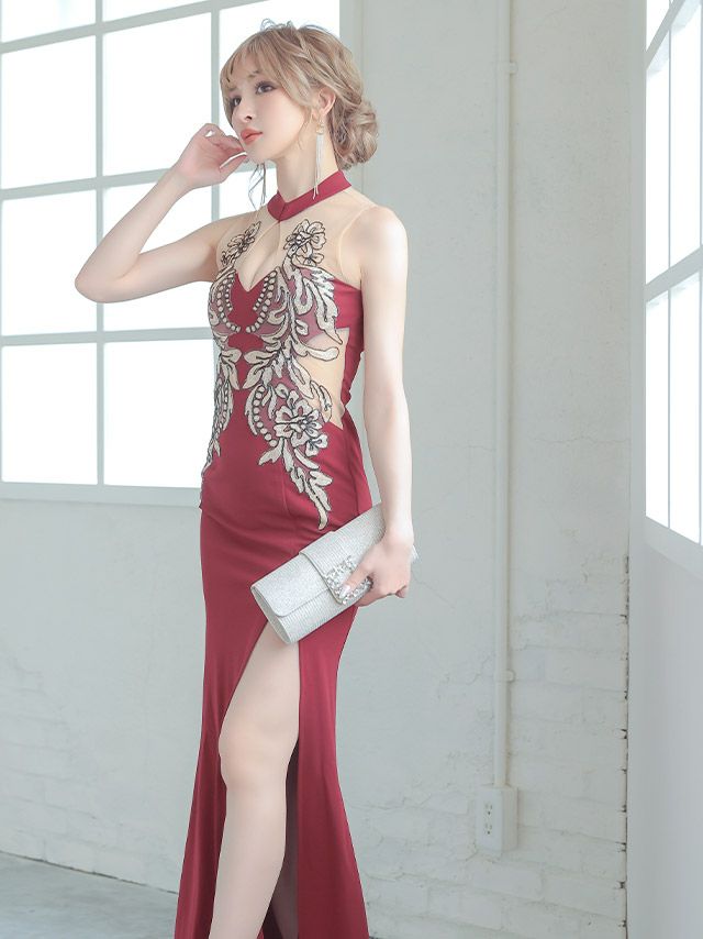 ハイネックシアーゴールド刺繍タイトドレープスリットロングドレス