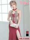ハイネックシアーゴールド刺繍タイトドレープスリットロングドレス