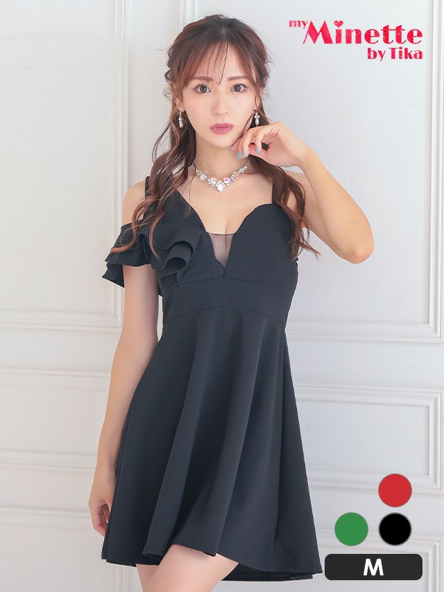 ボリュームフリルシースルーバストワンショルダーハイウエスト切替フレアミニドレス