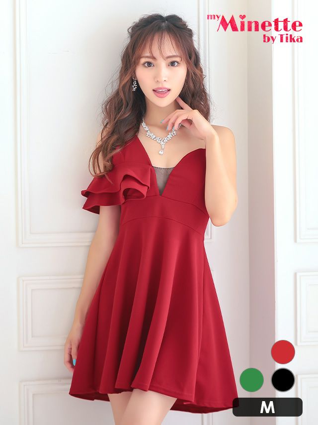キャバドレス ミニドレス フレア ワンピース 激安 myMinette マイミネット Tika ティカ ボリュームフリルワンショルダーシースルーバスト切り替えフレアミニドレス