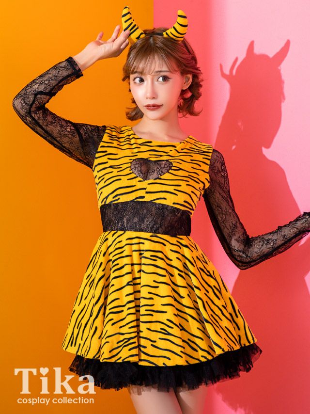 コスプレ衣装 ブラックレースハートカットフレア鬼アニマル ハロウィン コスプレ4点セット