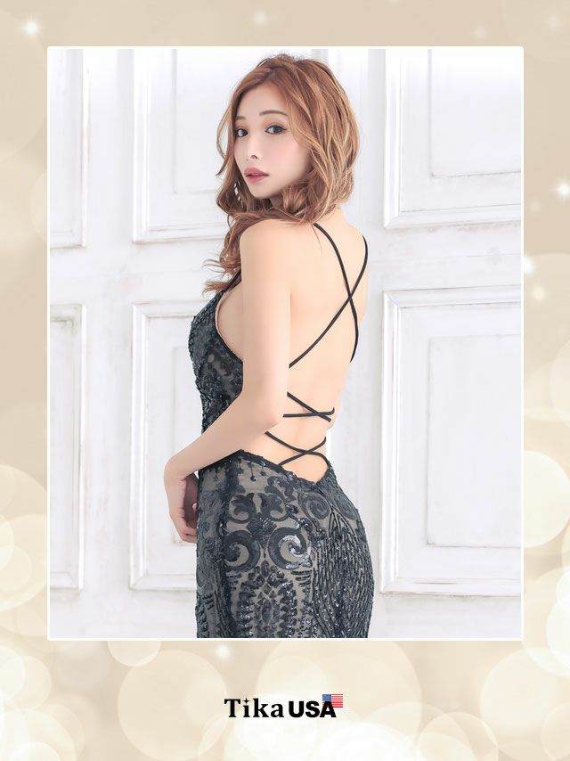 キャバドレス ロングドレス マーメイド マキシ丈 セクシー タイト Tika ティカ バックストラップデザインキラキラスパンコール刺繍レースマーメイドロングスリットドレス