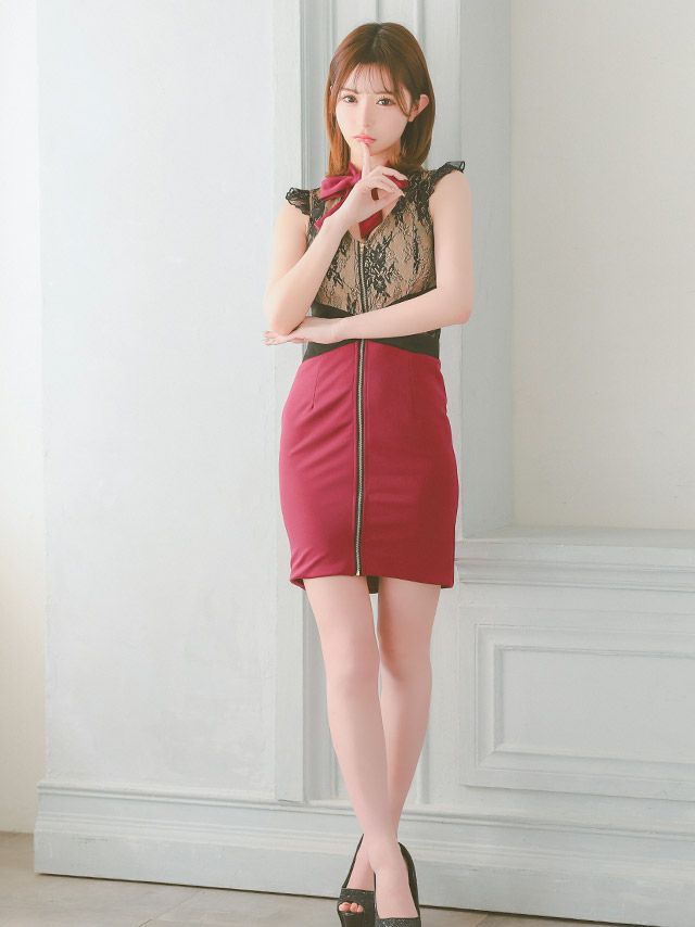 キャバドレス ミニドレス タイト セクシー 大きいサイズ キャバクラ Tika ティカ ネックリボンヌーディーレース切り替えジッパータイトミニドレス