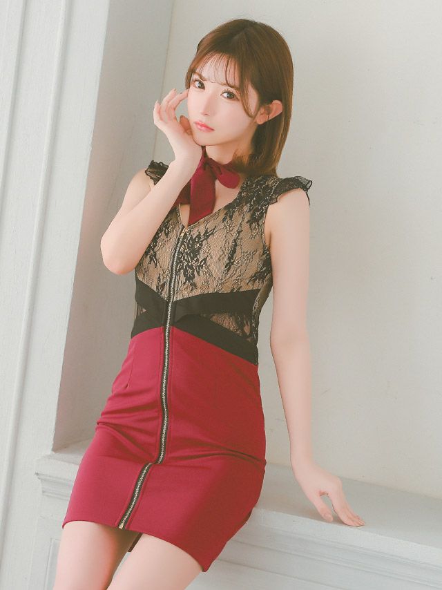 キャバドレス ミニドレス タイト セクシー 大きいサイズ キャバクラ Tika ティカ ネックリボンヌーディーレース切り替えジッパータイトミニドレス