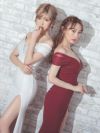 キャバドレス ロングドレス タイト 大きいサイズ セクシー マキシ丈 Tika ティカ シアーオフショルダーキラキラビジューデザインタイトスリットロングドレス