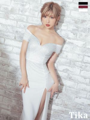 キャバドレス ロングドレス タイト マキシ丈 セクシー 大きいサイズ Tika ティカ シアーオフショルダーワンカラービジュータイトスリットロングドレス