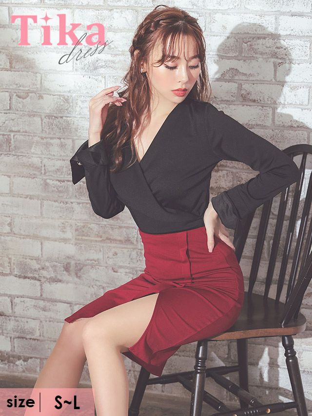 カシュクールブラウス 膝丈タイトスリットパフスリーブスカート長袖セットアップドレス Sサイズ Lサイズ 久保七瀬 キャバドレス着用