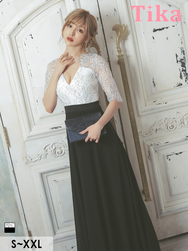 キャバドレス ロングドレス フレア Aライン 大きいサイズ 袖あり Tika ティカ クラシカルフラワーレース切り替えシフォンフラワーロングドレス 