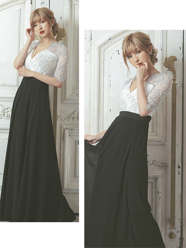 キャバドレス ロングドレス フレア Aライン 大きいサイズ 袖あり Tika ティカ クラシカルフラワーレース切り替えシフォンフラワーロングドレス 