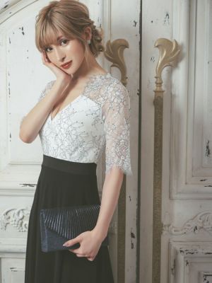 キャバドレス ロングドレス フレア Aライン 大きいサイズ 袖あり Tika ティカ クラシカルフラワーレース切り替えシフォンフラワーロングドレス 