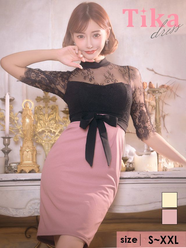 キャバドレス ミニドレス タイト 大きいサイズ セクシー ミディアムドレス Tika ティカ ハイネックブラックフラワーレースウエストリボンミディアムタイトドレス