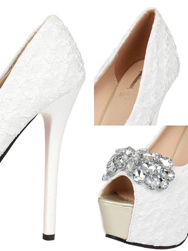 キャバヒール イメージ3 大粒キラキラビジューホワイトレースオープントゥワンカラーパンプス