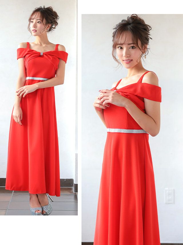 キャバドレス ロングドレス フレア Aライン 激安 マキシ丈 ロング丈 myMinette マイミネット Tika ティカ ビッグリボンオープンショルダーシルバーラインデザインフレアロングドレス