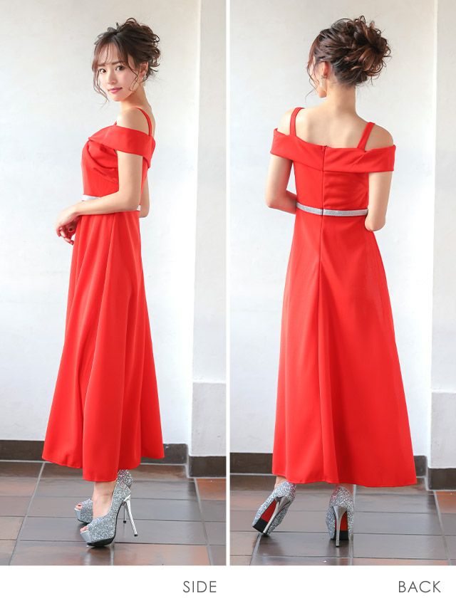 キャバドレス ロングドレス フレア Aライン 激安 マキシ丈 ロング丈 myMinette マイミネット Tika ティカ ビッグリボンオープンショルダーシルバーラインデザインフレアロングドレス