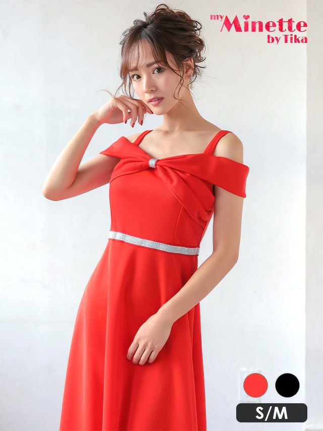 キャバドレス ロングドレス フレア Aライン 激安 マキシ丈 ロング丈 myMinette マイミネット Tika ティカ ビッグリボンオープンショルダーシルバーラインデザインフレアロングドレス