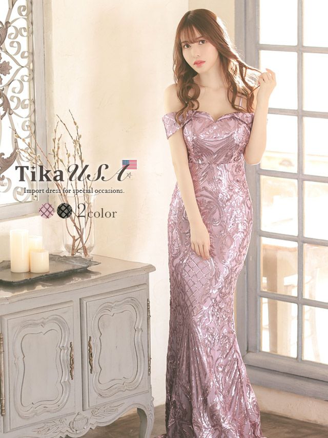 LA直輸入 肩あきスパンコールマーメイドロングバースデードレス (Sサイズ～Lサイズ) (ゆめ キャバドレス着用)