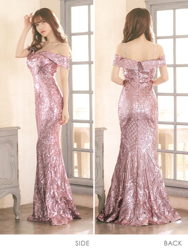 キャバドレス ロングドレス マキシ丈 タイト バースデー イベント 大きいサイズ Tika ティカ スパンコールオフショルストラップマーメイドロングドレス