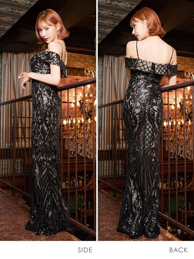 キャバドレス ロングドレス マキシ丈 タイト バースデー イベント 大きいサイズ Tika ティカ スパンコールオフショルストラップマーメイドロングドレス