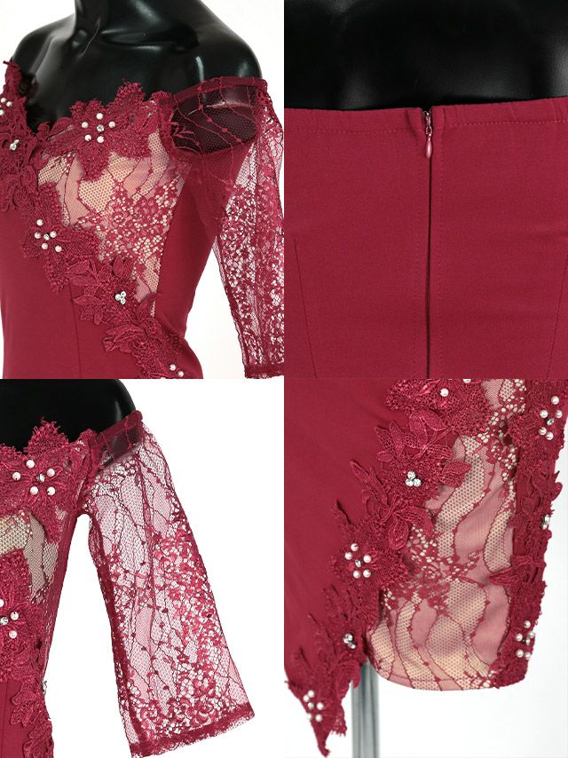 キャバドレス ミニドレス タイト セクシー 袖あり 半袖 大きいサイズ Tika ティカ シアーオフショルフラワー刺繍ビジュータイトアシンメトリーミニドレス