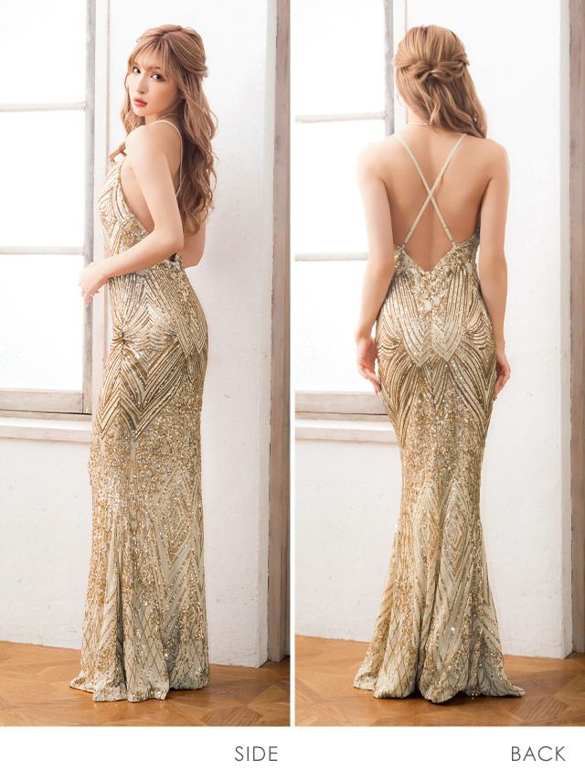 キャバドレス ロングドレス タイト セクシー  大きいサイズ マキシ丈 バースデー Tika ティカ バックオープンホルターネックオールスパンコールデザインマーメイドゴージャスロングドレス