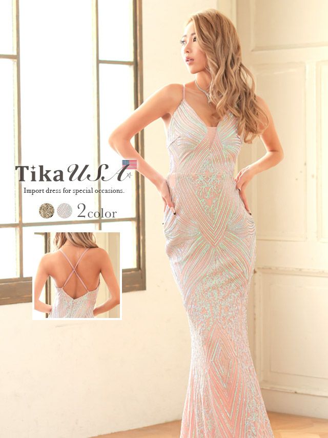 LA直輸入 バックオープンキャミソールスパンコールデザインマーメイドロングドレス (Sサイズ～Lサイズ) (ハラちゃん キャバドレス着用)