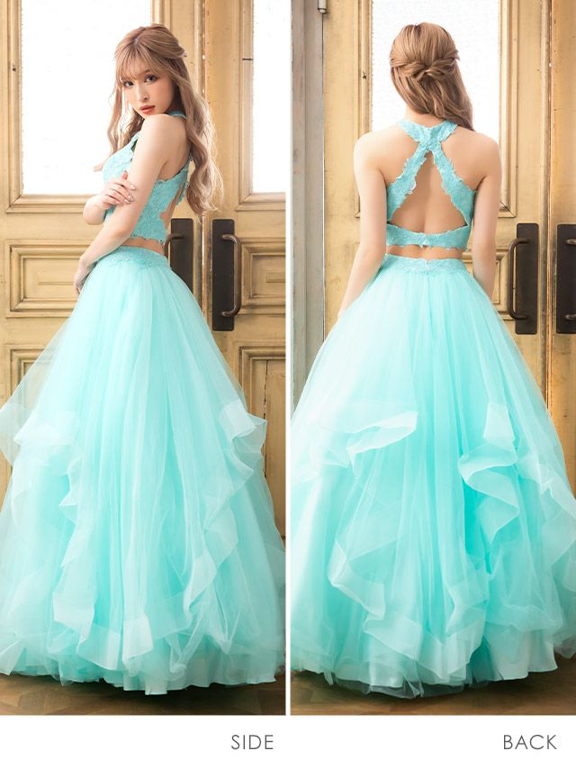 キャバドレス ロングドレス セパレート セットアップドレス Aライン バースデー Tika ティカ エレガント刺繍ビジューショートトップス&ボリュームチュールロングスカートセットアップドレス