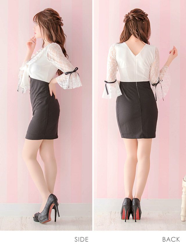 キャバドレス 韓国 ミニドレス タイト セクシー 大きいサイズ Tika ティカ ベルスリーブレースフリルリボン袖ありタイトミニドレス