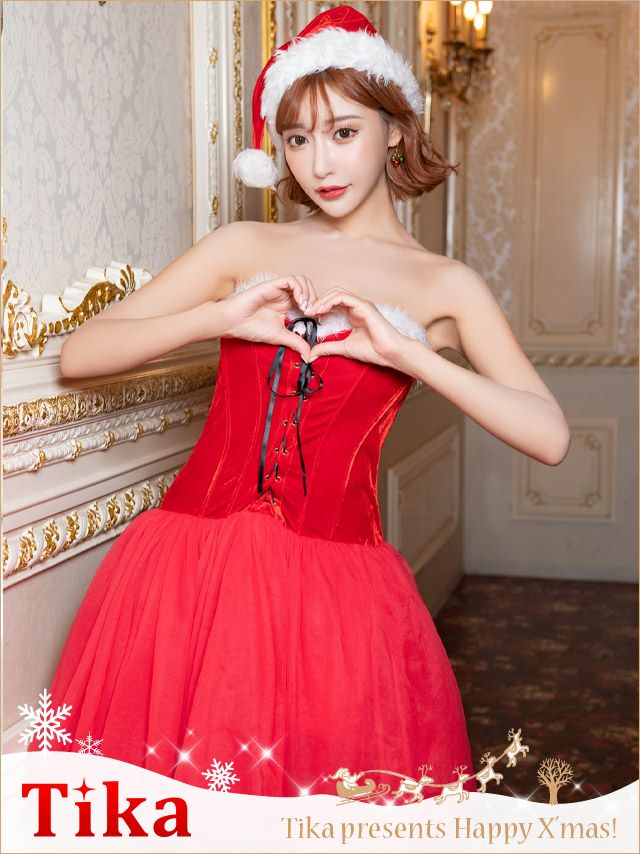 コスプレ サンタ サンタコスプレ クリスマス 可愛い 仮装 Tika ティカ レースアップベロア切り替えボリュームチュールサンタコスプレ