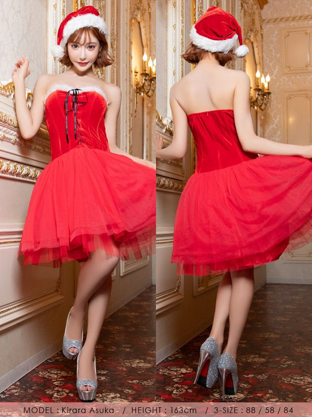 コスプレ サンタ サンタコスプレ クリスマス 可愛い 仮装 Tika ティカ レースアップベロア切り替えボリュームチュールサンタコスプレ