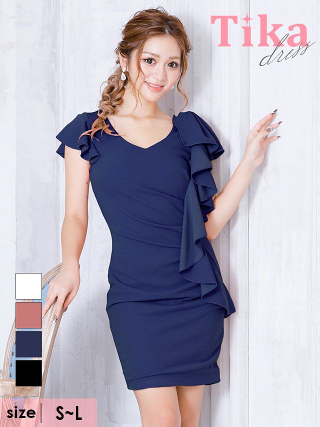 キャバドレス ミニドレス タイト 大きいサイズ シンプル 袖あり Tika ティカ フリルデザインワンカラータイトギャザー半袖ミニドレス