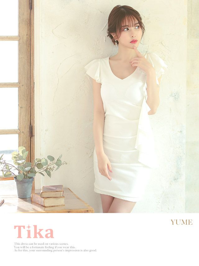 キャバドレス ミニドレス タイト 大きいサイズ シンプル 袖あり Tika ティカ フリルデザインワンカラータイトギャザー半袖ミニドレス