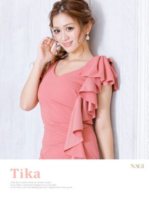 キャバドレス ミニドレス タイト シンプル 大きいサイズ 袖あり Tika ティカ ワンカラーVネックフリルタイトギャザー半袖ミニドレス