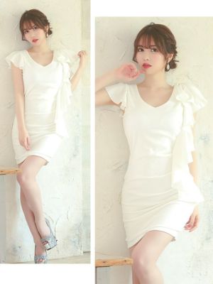 キャバドレス ミニドレス タイト シンプル 大きいサイズ 袖あり Tika ティカ ワンカラーVネックフリルタイトギャザー半袖ミニドレス