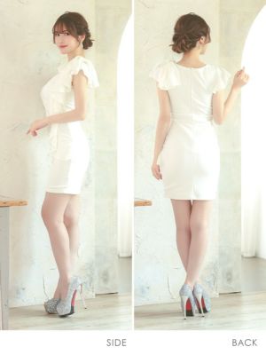 キャバドレス ミニドレス タイト シンプル 大きいサイズ 袖あり Tika ティカ ワンカラーVネックフリルタイトギャザー半袖ミニドレス