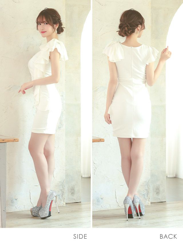 キャバドレス ミニドレス タイト シンプル 大きいサイズ 袖あり Tika ティカ ワンカラーVネックフリルタイトギャザー半袖ミニドレス