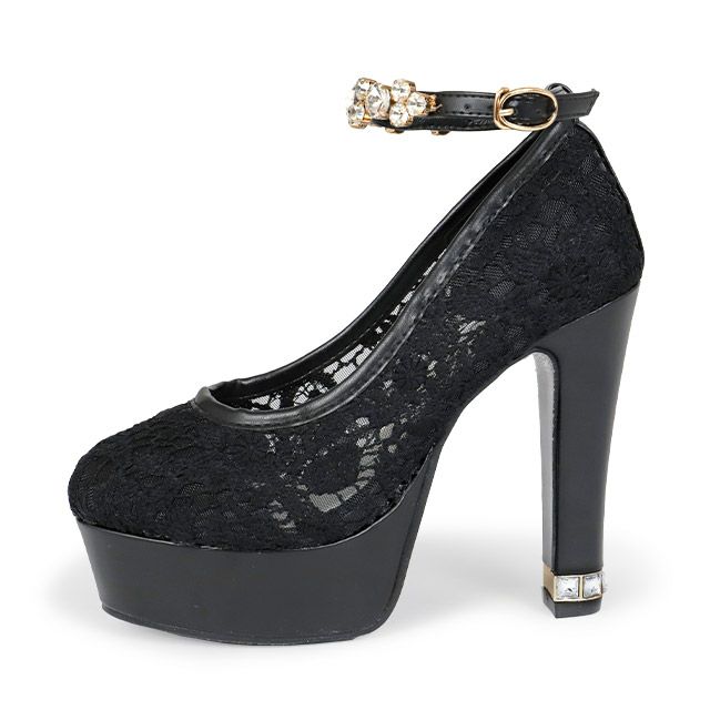 キャバヒール イメージ1 キラキラビジューストラップ付きレースデザインパンプス