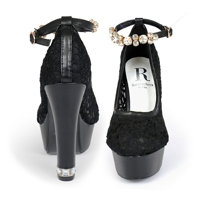 キャバヒール イメージ2 キラキラビジューストラップ付きレースデザインパンプス