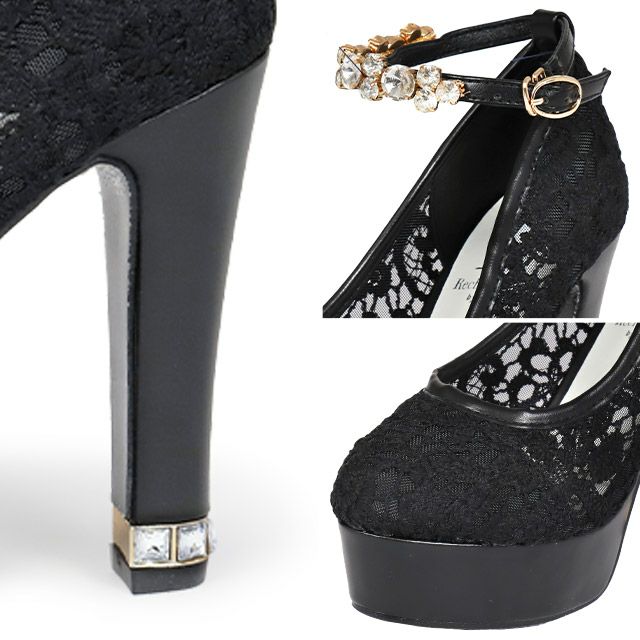 キャバヒール イメージ3 キラキラビジューストラップ付きレースデザインパンプス