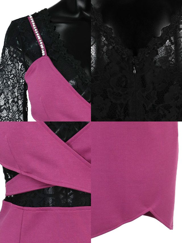 キャバドレス ミニドレス タイト セクシー 大きいサイズ 七分袖 Tika ティカ 袖ありセクシーレース切り替えタイトミニドレス