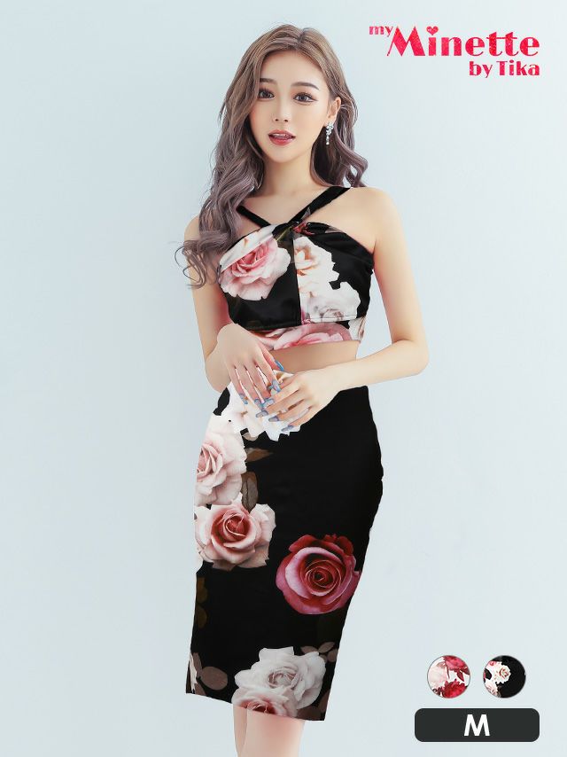 花柄プリントタイト膝丈セットアップドレス