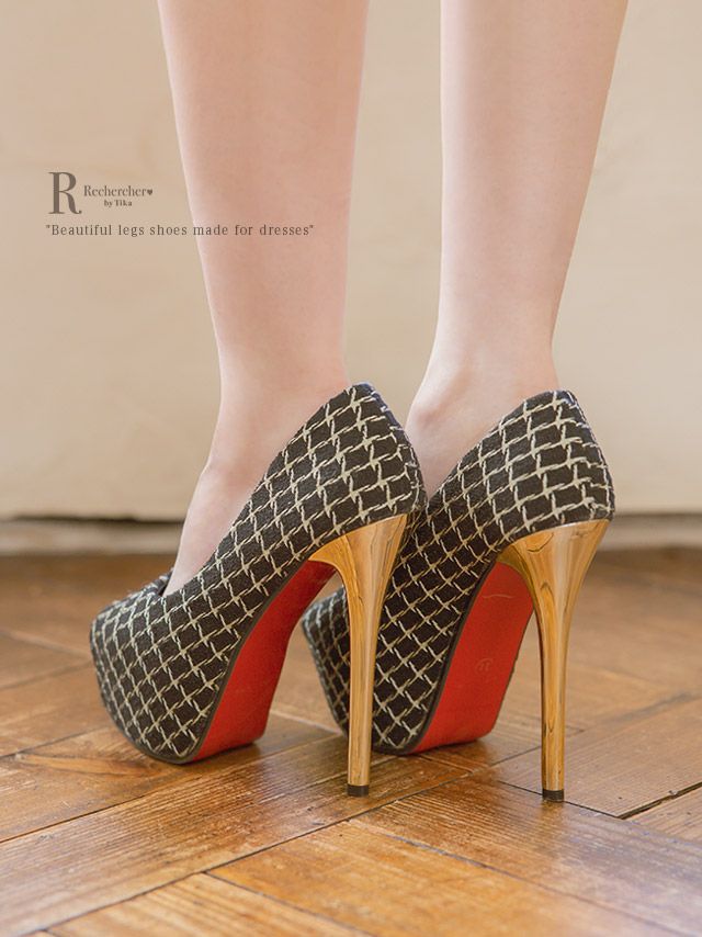 キャバヒール イメージ4 格子柄ソールゴールドパンプス